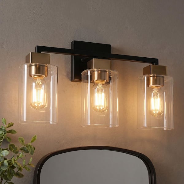18 in. 3-Light Brass Bathroom Vanity Light for Mirrors, Clear Glass Black Bath Lighting, Modern Indoor Wall Sconce