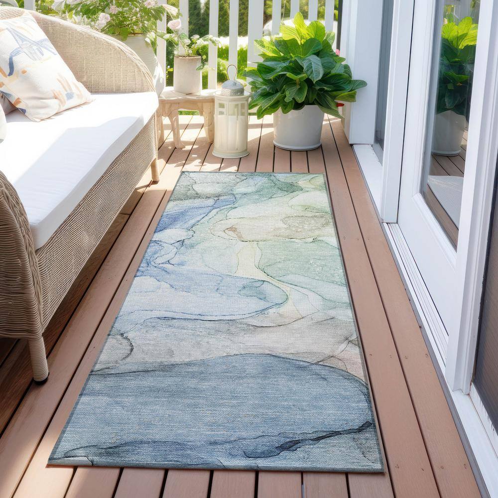 Addison Blue Watercolor Synthetic Washable Runner Rug