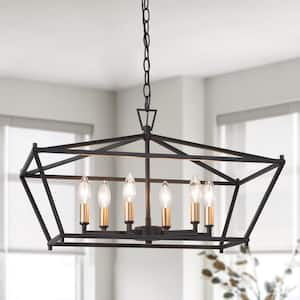 Modern Chandelier Black 6-Light Linear Cage Island High Ceiling Light with Gold Candlestick for Kitchen, Living Room