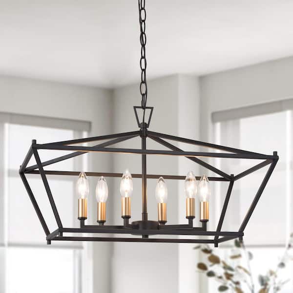LNC Modern Chandelier Black 6-Light Linear Cage Island High Ceiling Light with Gold Candlestick for Kitchen, Living Room