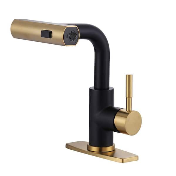 Modern Single Handle Pull Down Bar Faucet with 3-Modes Sprayer and Deckplate in Black and Gold