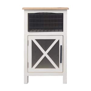 Natural Wood and White Wood Cabinet with Metal Basket and a Barn Door
