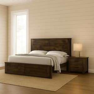 Brown Wooden Frame Queen Platform Bed with Panel Design Headboard