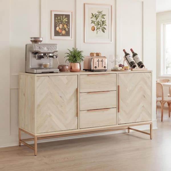 OrangeOne 63 in. W Alisson Coastal Oak MDF Wood Buffet Sideboard Modern Storage Cabinet with Drawers and Doors and Metal Legs GY-004-01-L