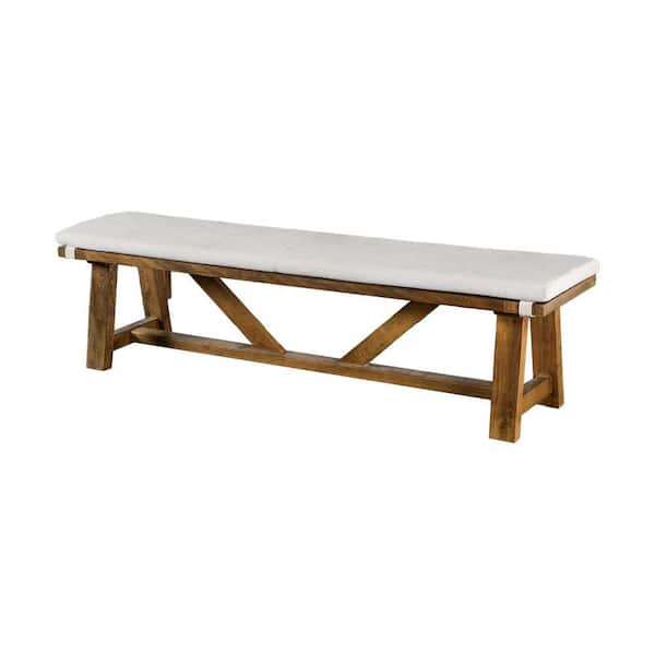 Jule Brown Wood 69 in. Backless Bedroom Bench with Trestle Base and Off-White Seat