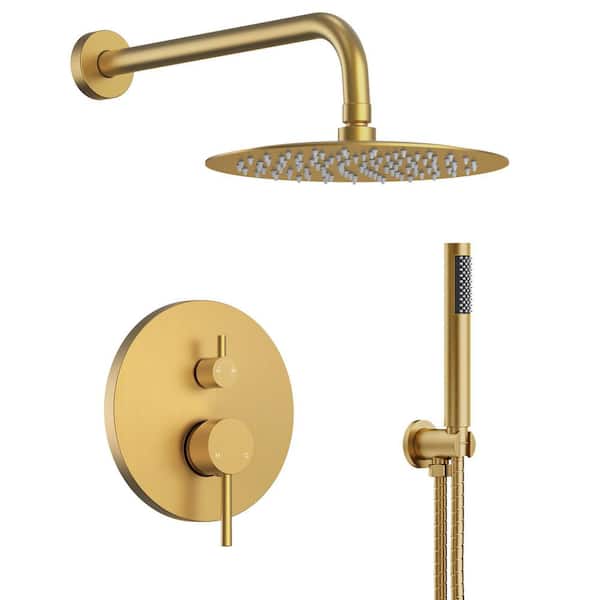 2-Spray Wall Mount Shower System with 10 in. Dual Shower Heads and Hand Shower in Brushed Gold