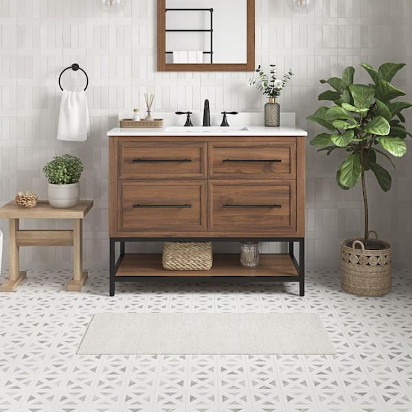 Home Decorators Collection Corley 42 in. W x 19 in. D x 34 in. H Single Sink Bath Vanity in Spiced Walnut with White Engineered Stone Top