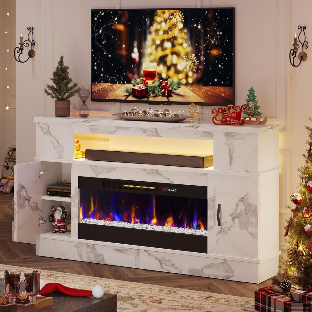 Bestier 63 in. White Marble TV Stand with Electric Fireplace Fits TV Up ...