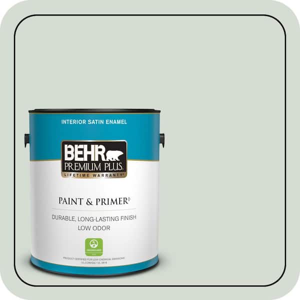 BEHR PREMIUM PLUS 1 gal. #ICC-95 Soothing Celadon Satin Enamel Low Odor Interior Paint & Primer