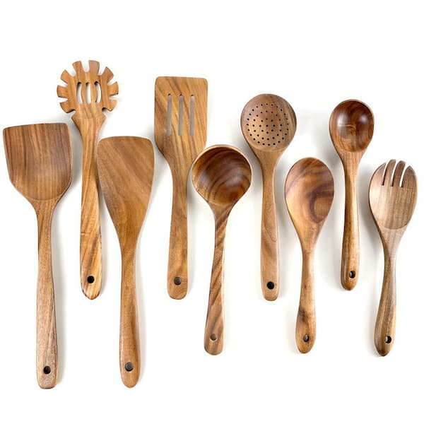 9-Piece Natural Teak Wooden Kitchen Utensils Set