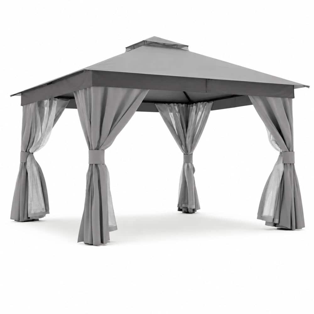 HAUSBELL 12 ft. x 12 ft. Gray Steel Patio Gazebo, Heavy Duty Double Roof, Mosquito Netting and Privacy Screen