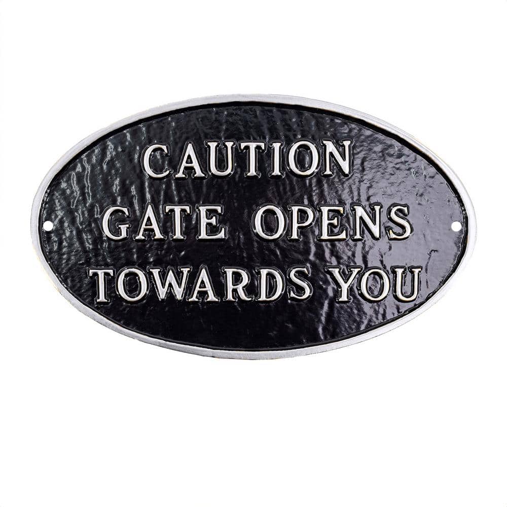 6 in. x 10 in. Small Oval Caution Gate Opens Towards You Statement Plaque Sign - Black/Silver product image for price tracking