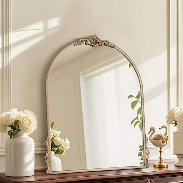 24 in. W x 32 in. H Intricately Carved Gold Arched Framed Wall Bathroom Vanity Mirror in Cast Iron Floral