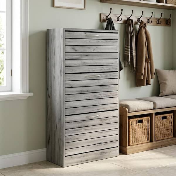 42.3 in. H x 22.4 in. W Gray Wood Grain 18-Pair Shoe Storage Cabinet with 3-Drawers and Removable Racks