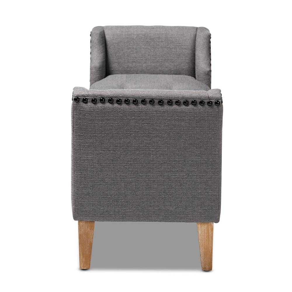 Gray Linen Upholstered Oak Wood Bench with Tapered Legs