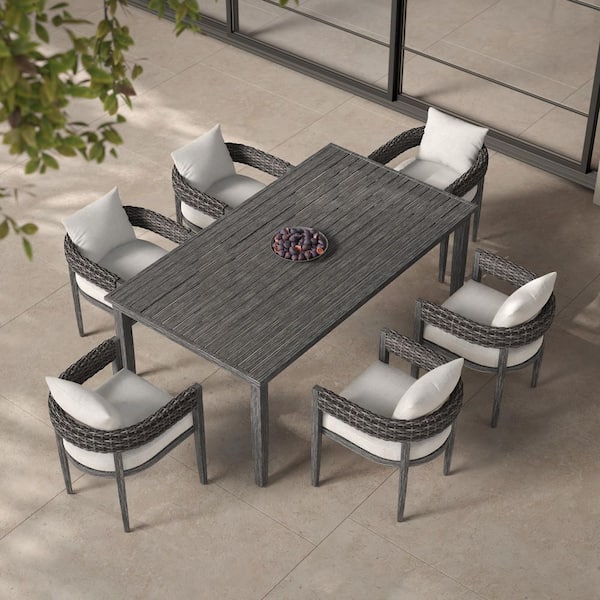 7-Piece Charcoal Wicker Outdoor Dining Set with Gray Cushions, Rectangular Table with PS Wood Top, Seats 6