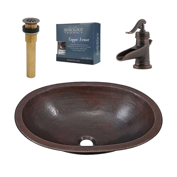 SINKOLOGY Schrodinger 18 Gauge 19 in. Copper Dual Flex Bath Sink in Aged Copper with Ashfield Faucet Kit