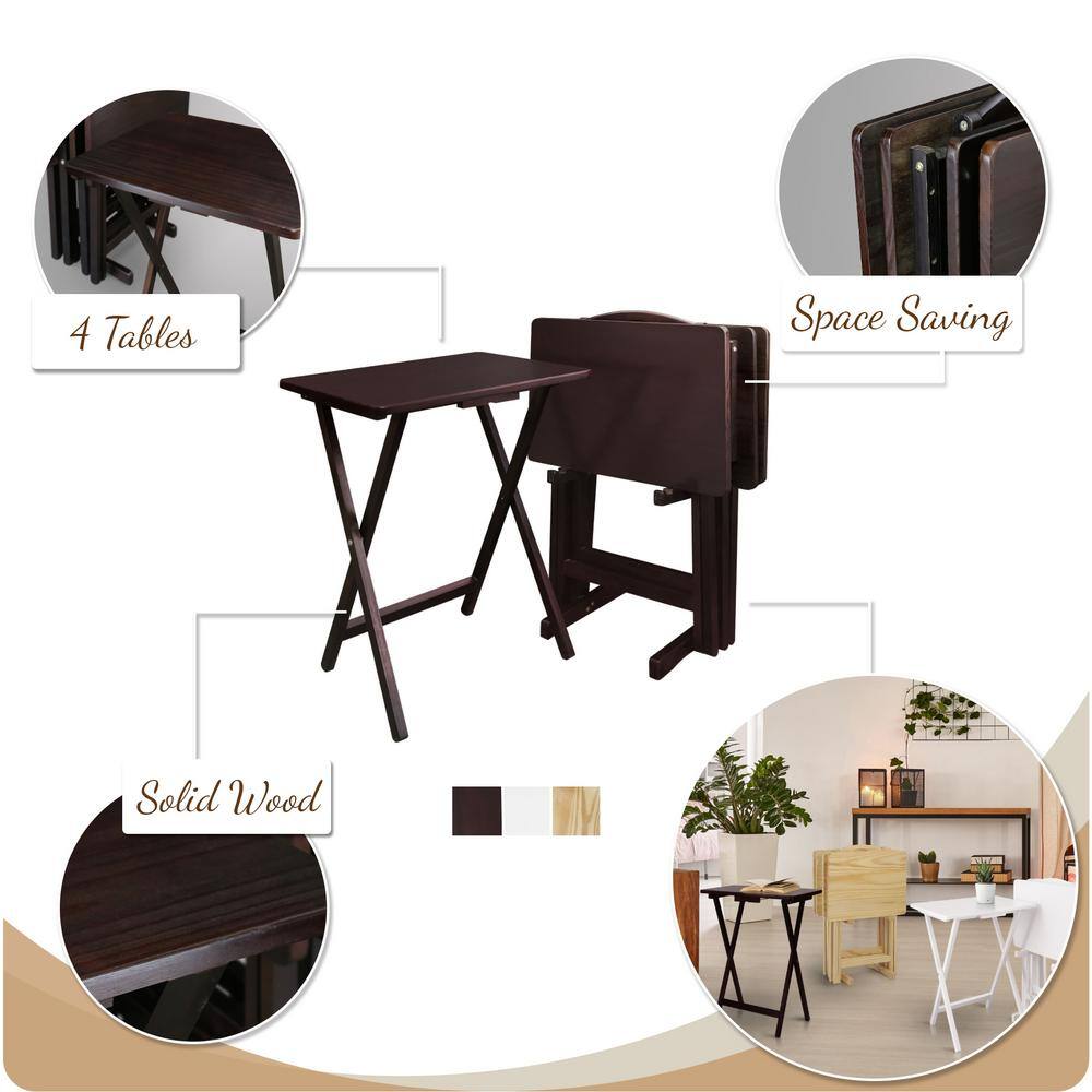 White Solid Wood 5-Piece Tray Table Set with Walnut Tops