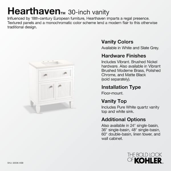 KOHLER Hearthaven 30.56in. Single Sink Freestanding Slate Grey Bath Vanity with White Quartz Top Assembled