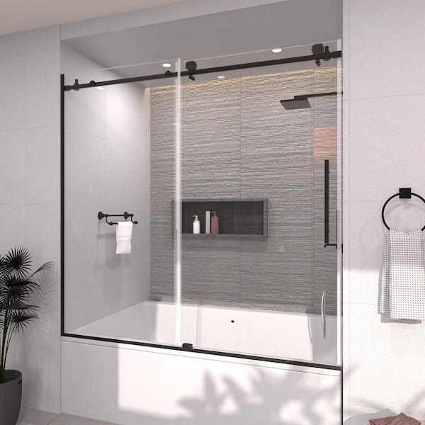 60 in. W. x 60 in. H Sliding Semi Frameless Tub Door in Matte Black Finish with Clear Glass