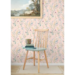 30.75 sq. ft. Lightly Pink Meadow Flowers Vinyl Peel and Stick Wallpaper Roll