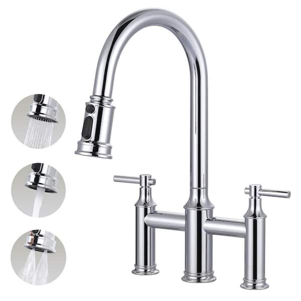 ARCORA 17.4 in Double Handle Pull Out Sprayer Kitchen 3 Hole Included Supply Lines in Polished Chrome