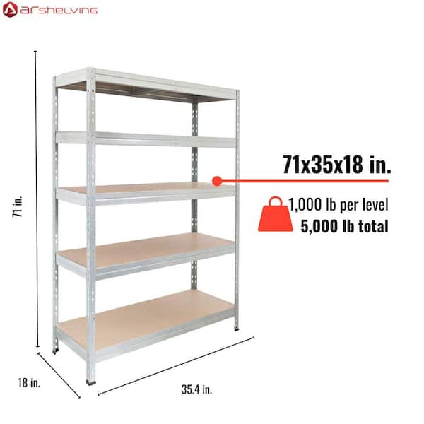 5-Tier Heavy-Duty Galvanized Steel Garage Storage Shelving Unit in Silver, HDF Racks (35.4 in. W x 71 in. H x 18 in. D)