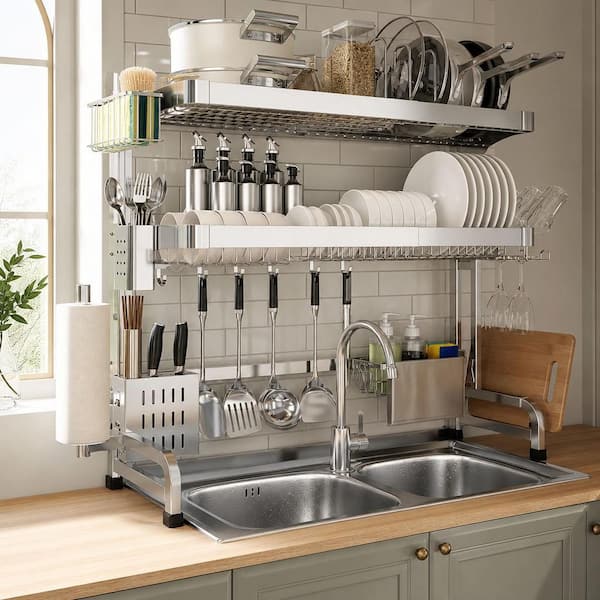 Over the Sink 3 Tier Adjustable Length Full Stainless Steel Large Storage Kitchen Dish Rack for Kitchen Counter, Silver