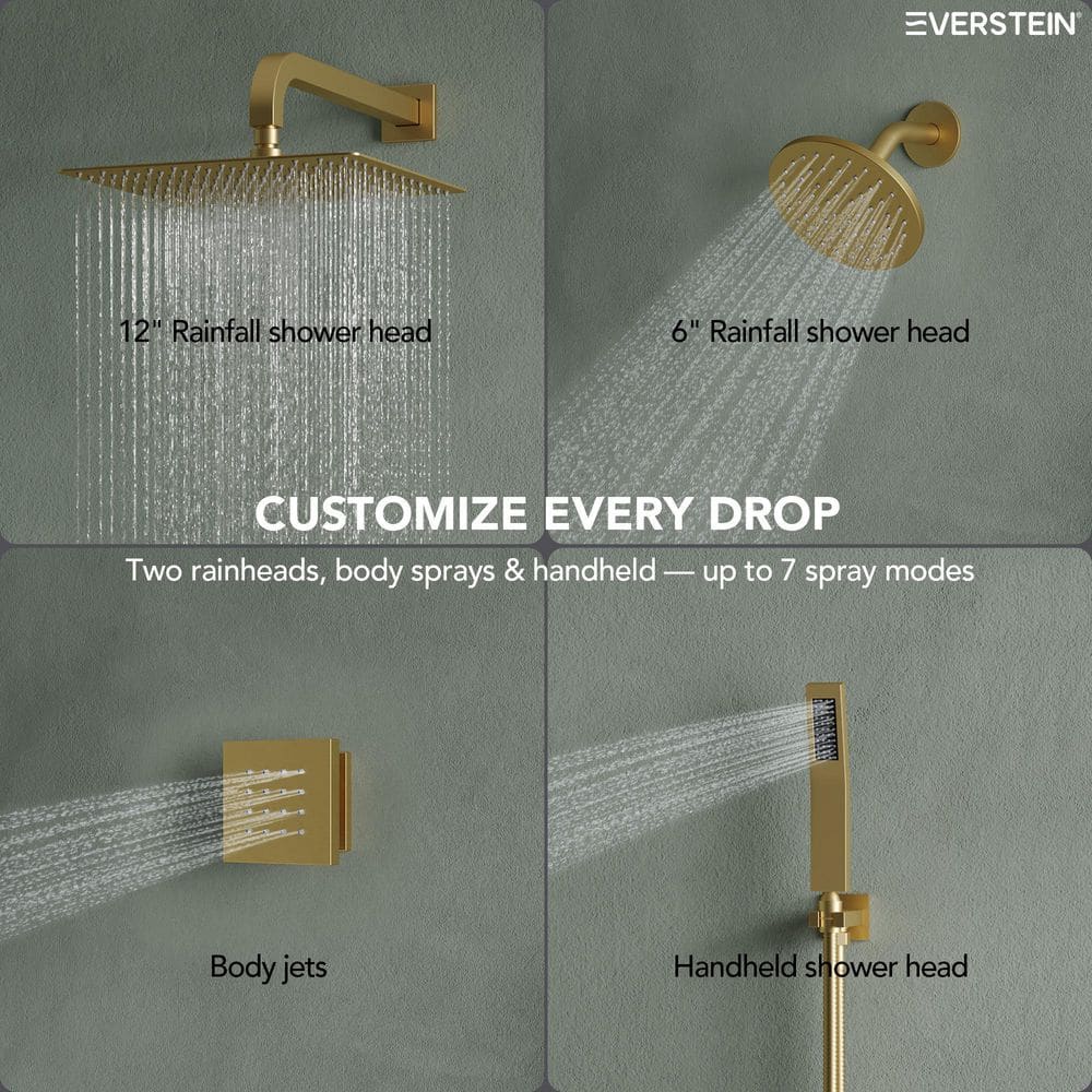 Gold Thermostatic 12" Triple Showerhead System with Handheld