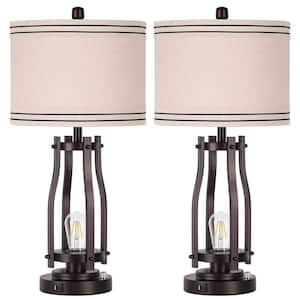 28 in. Brown Tall Table Lamps (Set of 2) 2-Lights Bedside Nightstand Lamp with Shade
