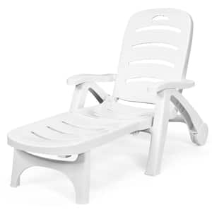White Outdoor 5 Position Adjustable Folding Lounge Chair with Wheels