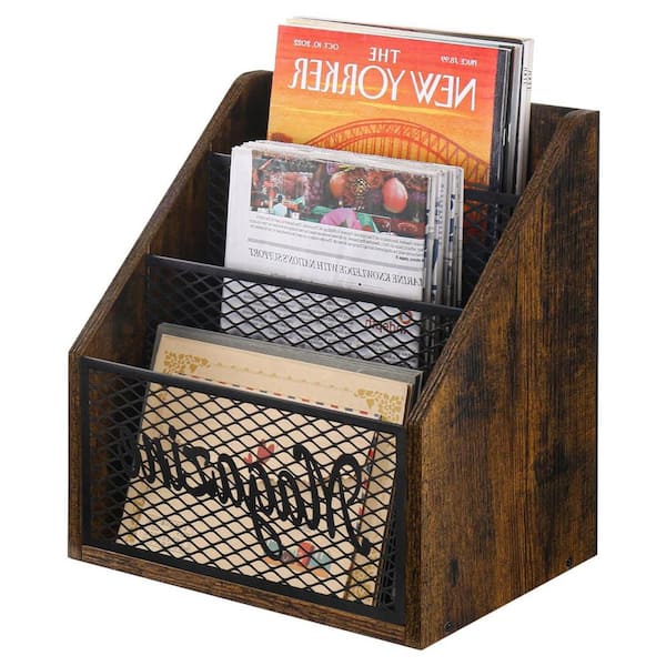 Rustic Brown 11.5 in. x 12.5 in. Wood Freestanding Magazine Rack