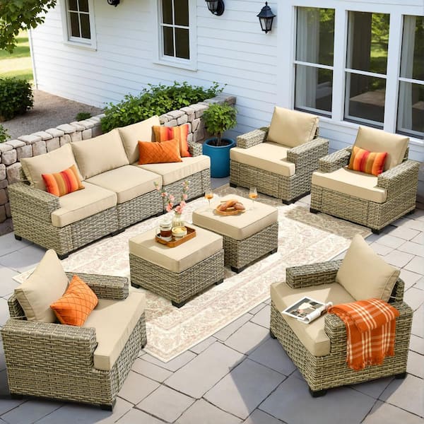 HOOOWOOO Kelleys 9-Piece Wicker Modern Outdoor Patio Conversation Sofa Seating Set with Beige Cushions
