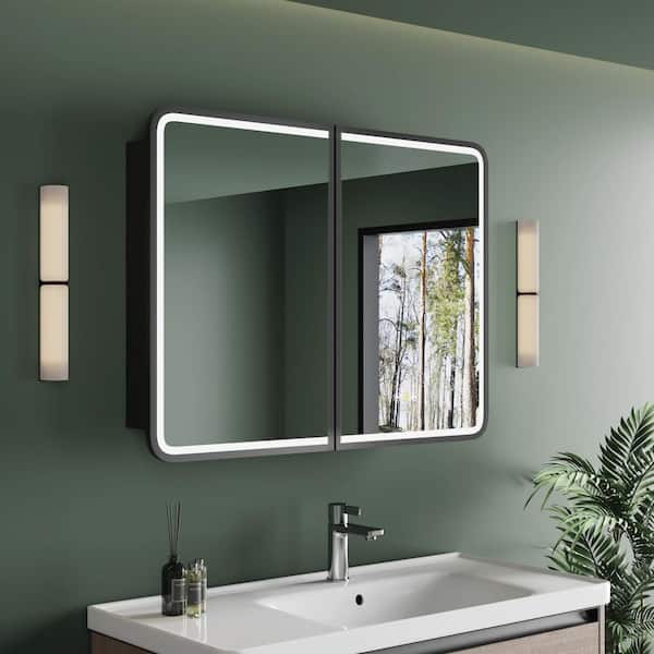 HBEZON Thalia 36 in. W x 32 in. H Rectangular Iron Black Recessed Medicine Cabinet with Mirror, LED Lighting, Anti-fog