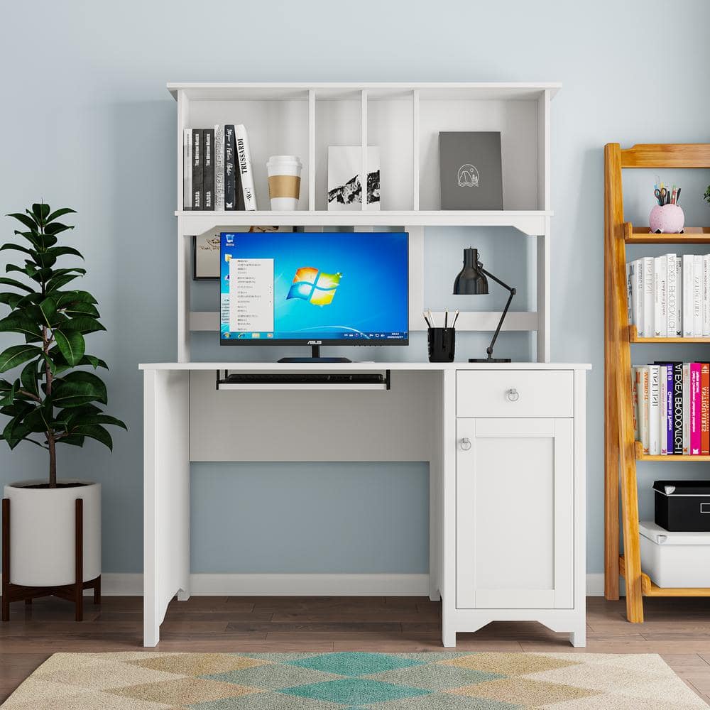 47 in. Rectangle White Particle Board 1-Drawer Computer Desk w/ Keyboard Tr