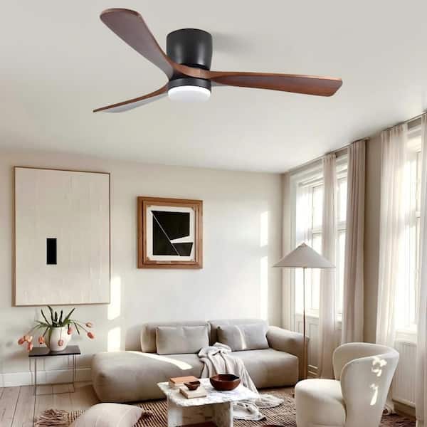 42 in. Smart Indoor Black Flush Mount Standard Ceiling Fan with Wood Blade and LED Light
