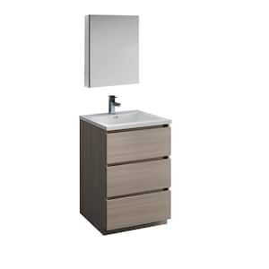 Lazzaro 24 in. Modern Bathroom Vanity in Gray Wood with Vanity Top in White with White Basin and Medicine Cabinet