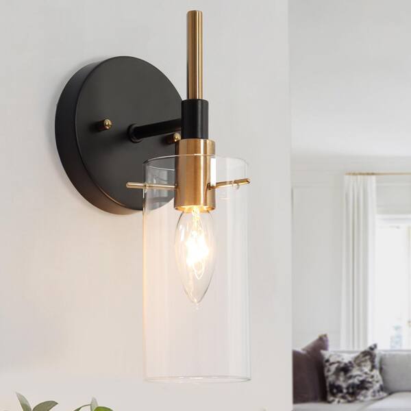 Zevni Modern 1-Light Brass Gold Wall Sconce, Black Vanity Light with ...