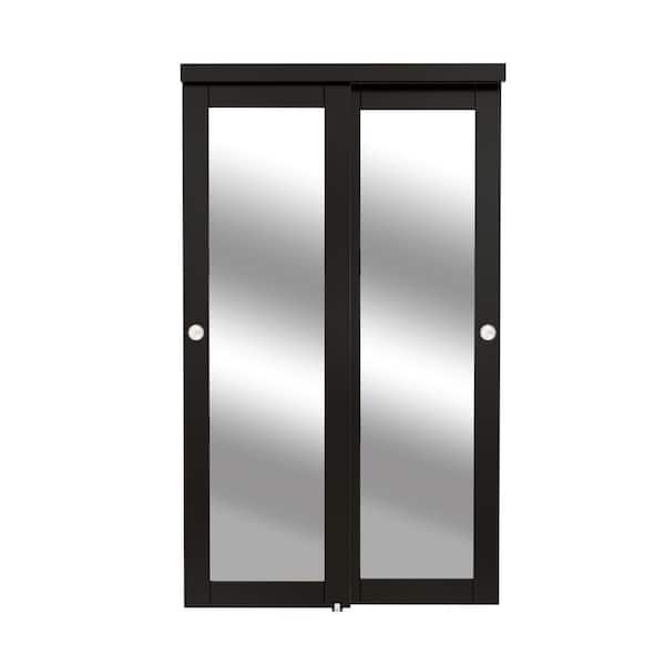 48 in., x 80 in., Solid Core 1-Lite Mirror Black Finished MDF Interior Closet Sliding Door with Hardware