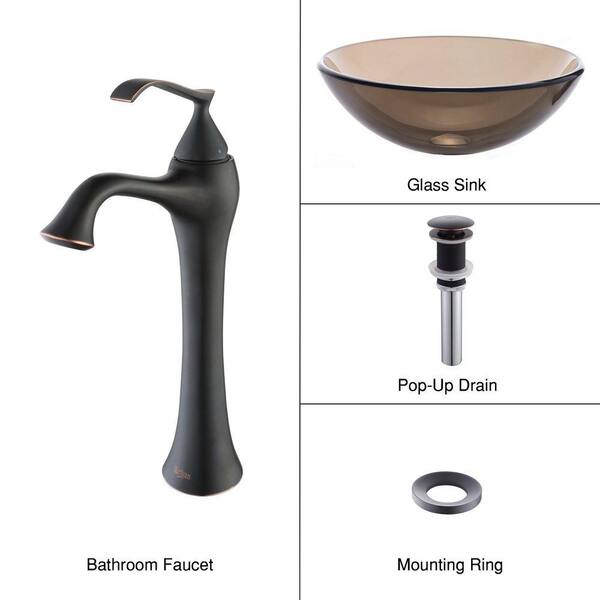 KRAUS Glass Vessel Sink in Brown with Ventus Faucet in Oil Rubbed Bronze