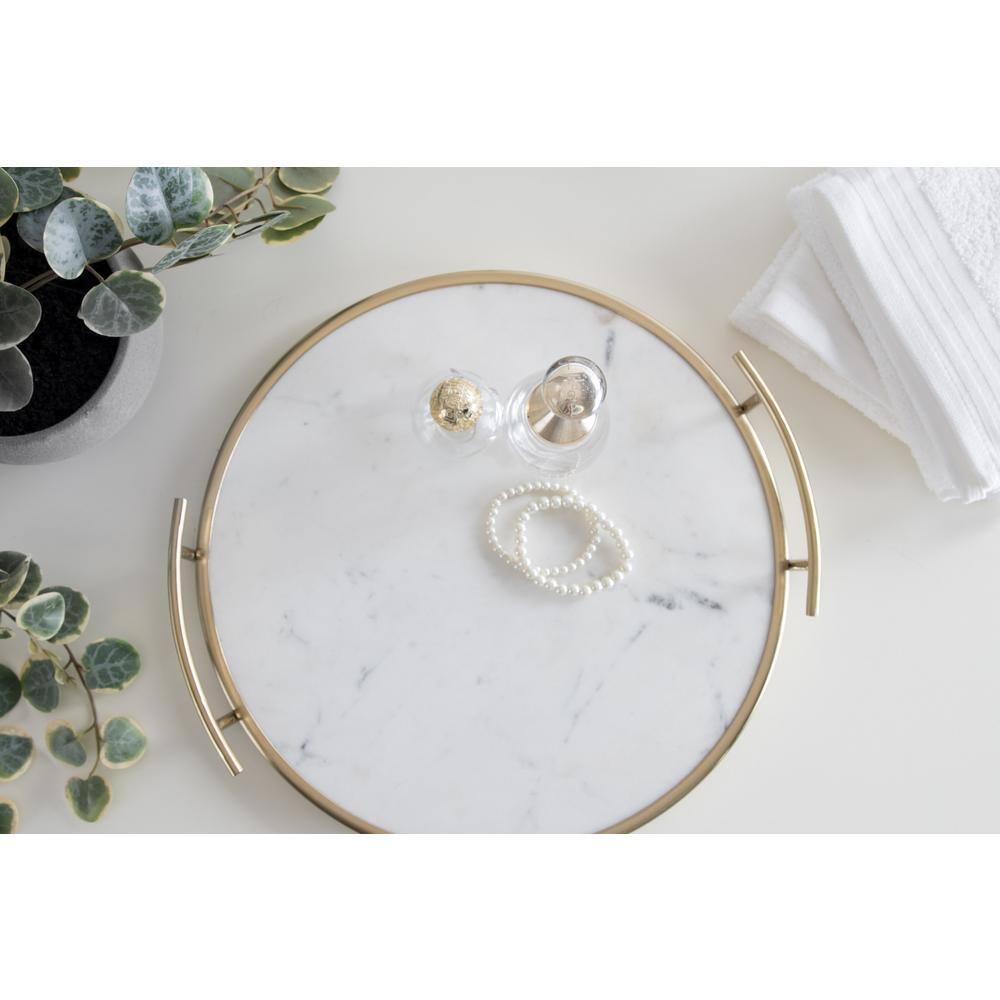 White Marble and Gold Round Metal Tray with Handles