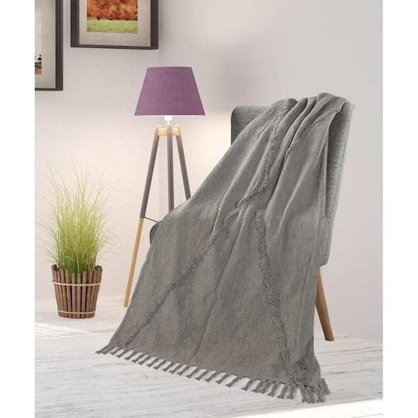Unbranded Norah Light Gray Moroccan Fringed Tufted Cotton Throw Blanket