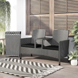 Limewood Black and White 2-Piece Aluminum Outdoor Loveseat with Black Cushion and Trash Can