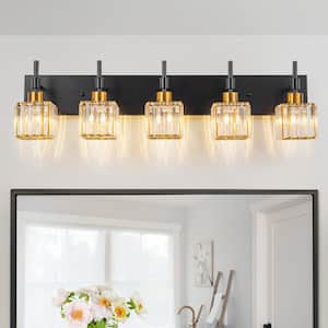 33.1 in. 5 Lights Black And Gold Dimmable Bathroom Vanity Light with Crystal Shades