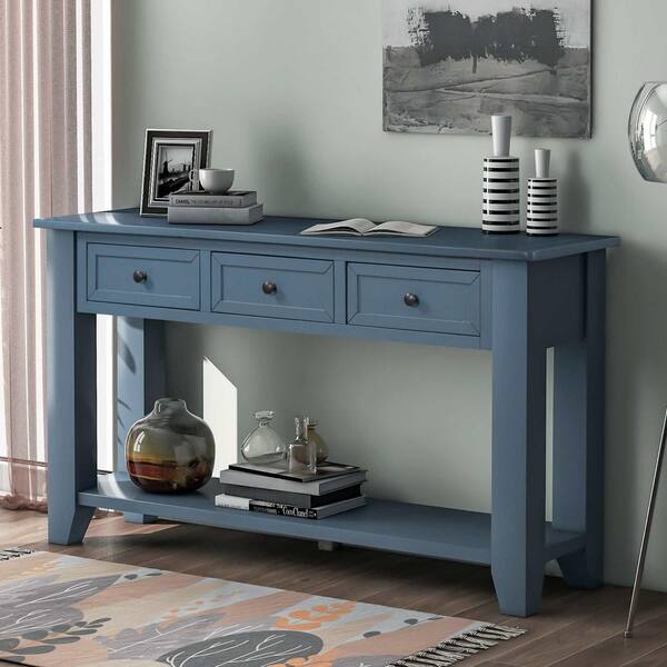 55.1 in. Blue Rectangle Wood Console Table with 3 Drawers and 1 Shelf