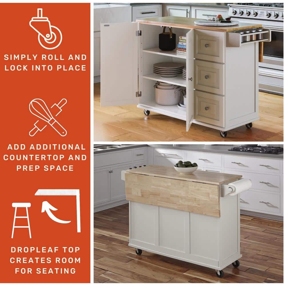 White Wood Drop Leaf Kitchen Cart with Spice Rack