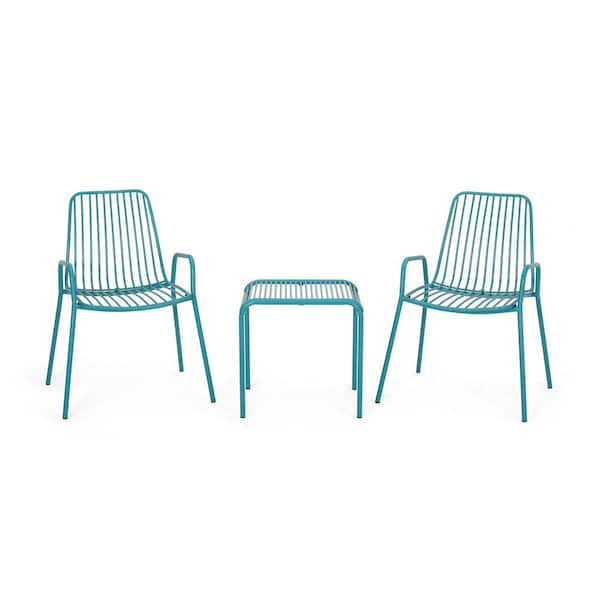 Noble House Annette Matte Teal 3-Piece Metal Outdoor Patio Conversation Seating Set