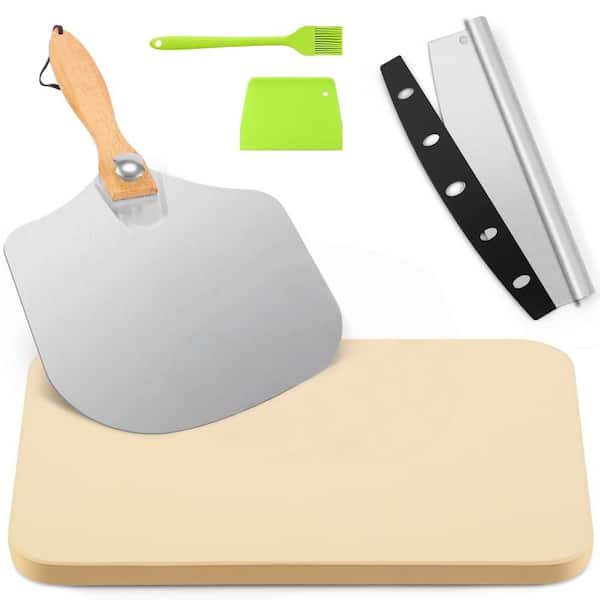 15 in. Rectangular Pizza Stone Accessory Set with Metal Peel and Rocker Cutter for Oven Grill Pizza Bread Baking