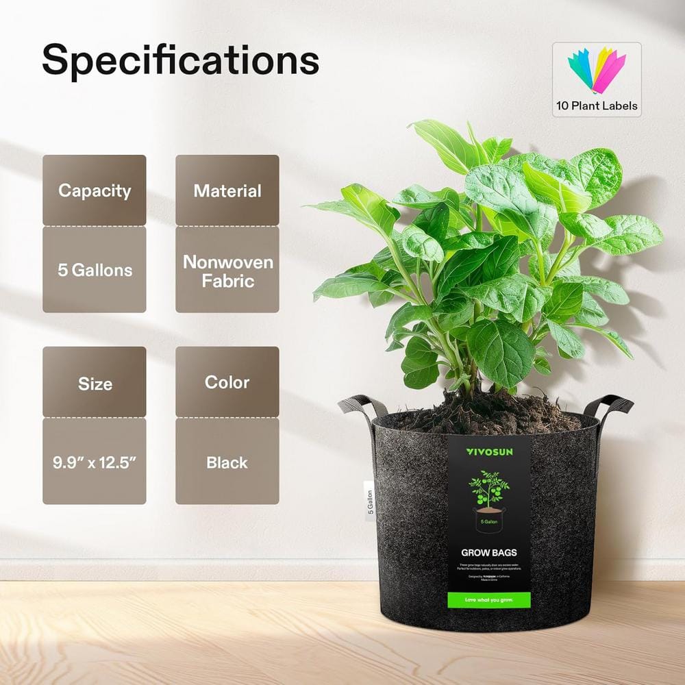 VIVOSUN 5-Pack 5 Gallon Heavy-Duty Black Fabric Grow Bags