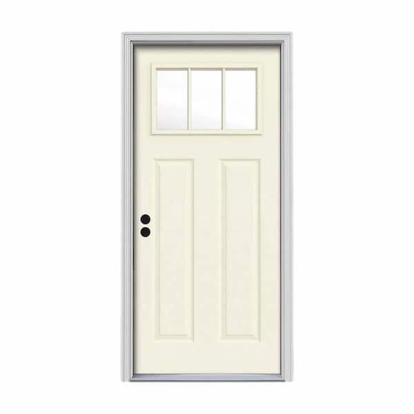 JELD-WEN 32 in. x 80 in. 3 Lite Craftsman Vanilla Painted Steel Prehung Right-Hand Inswing Front Door w/Brickmould